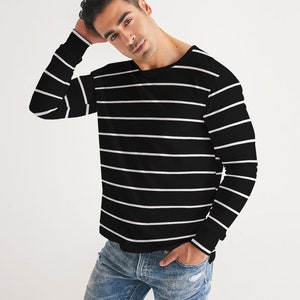 Black White Striped Men Long Sleeve Tshirt, Wide Thin Stripe Unisex Guys Women Designer Graphic Aesthetic Printed Crew Neck Tee