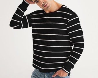 Black White Striped Men Long Sleeve Tshirt, Wide Thin Stripe Unisex Guys Women Designer Graphic Aesthetic Printed Crew Neck Tee