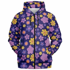 Floral Zip Up Hoodie, Blue Purple Flowers Front Zipper Pocket Men Women Unisex Adult Aesthetic Graphic Cotton Fleece Hooded Sweatshirt