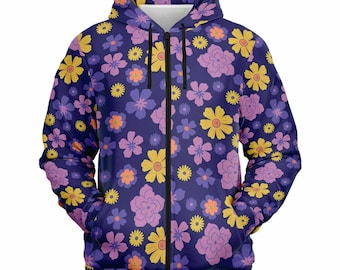 Floral Zip Up Hoodie, Blue Purple Flowers Front Zipper Pocket Men Women Unisex Adult Aesthetic Graphic Cotton Fleece Hooded Sweatshirt