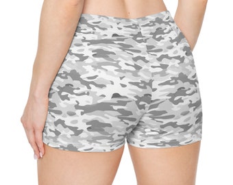 White Camo Women Shorts, Camouflage Yoga Biker Sport Workout Gym Festival Running Moisture Wicking Ladies Spandex Bottoms Activewear