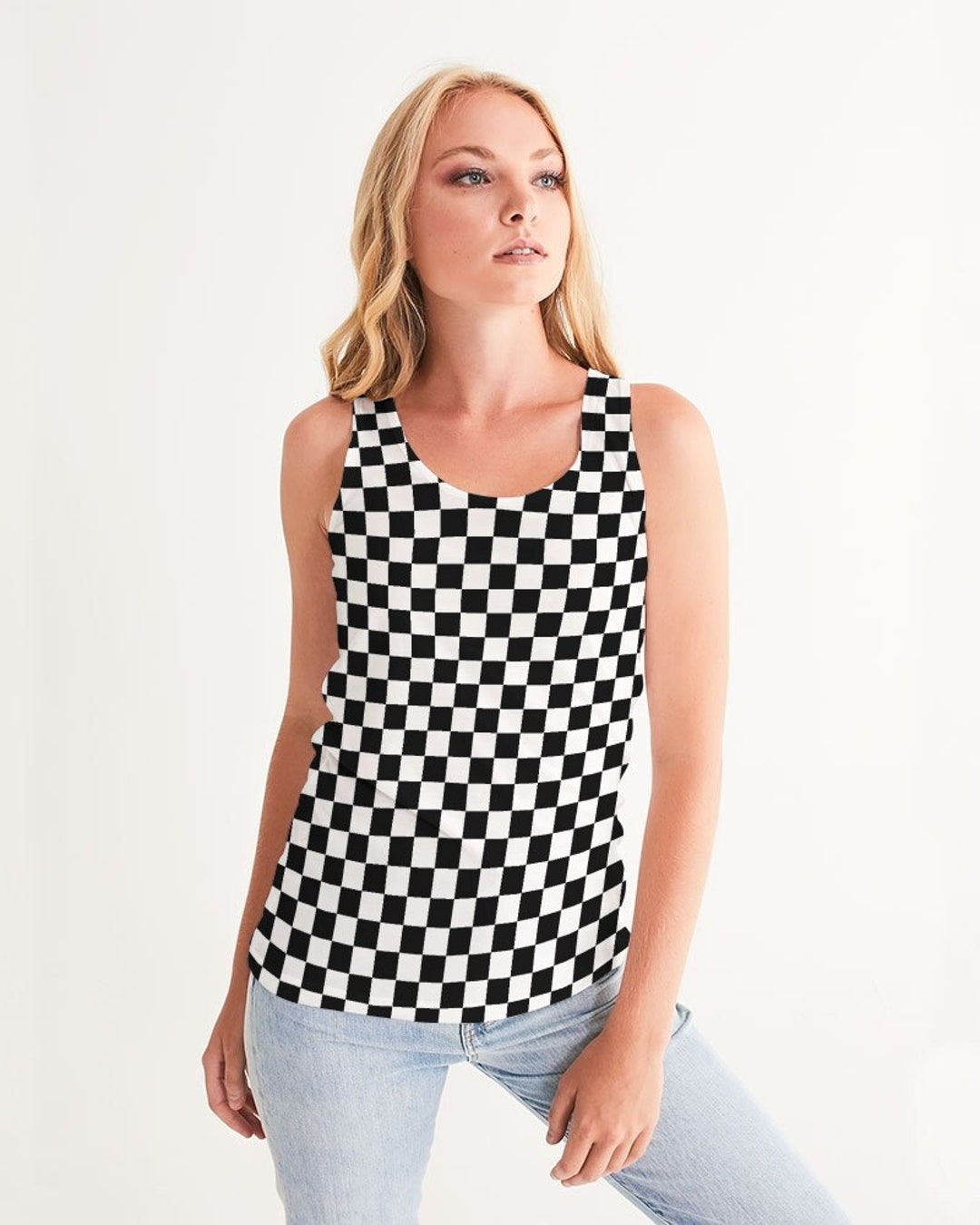 Black White Checkered Women Tank Top, Racing Flag Check Festival Yoga ...