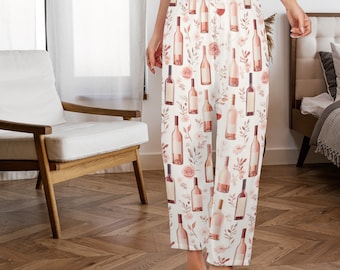 Weinflaschen Frauen Pyjamas Hosen, Weingläser Rose Floral Pink Satin PJ Mädchen Reise Bachelorette Hose Passende Damenunterteile Brautjungfer