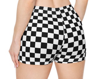 Checkered Women Shorts, Black White Check Racing Yoga Biker Sport Workout Gym Festival Running Moisture Wicking Ladies Bottoms