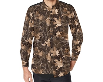 Camo Fall Leaf Men Button Up Shirt, Brown Camouflage Autumn Long Sleeve Print Buttoned Down Collar Male Guys Casual Dress Pocket Collared