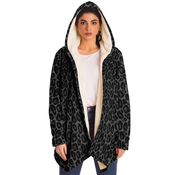 Black Leopard Hooded Cloak Cape, Animal Cheetah Print Coat Men