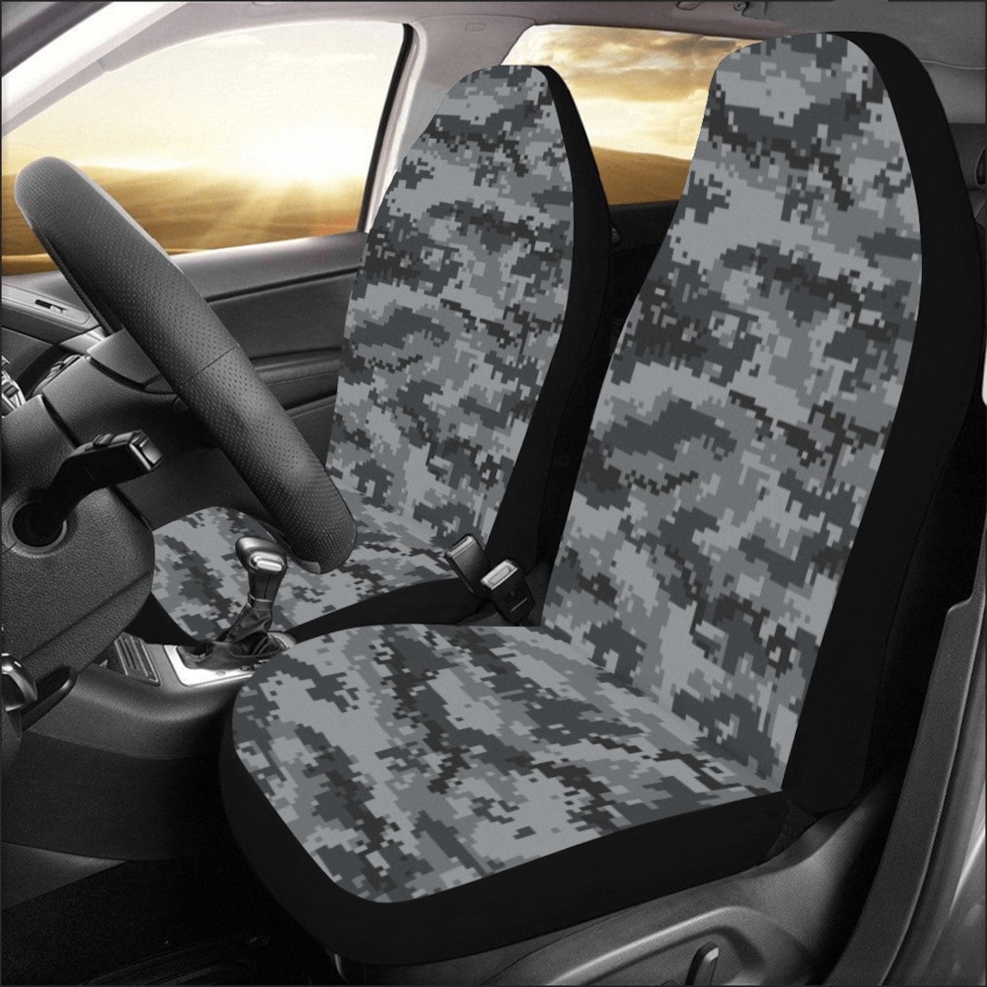 Grey Digital Camo Car Seat Covers set of 2, Dark Camouflage Front Seat