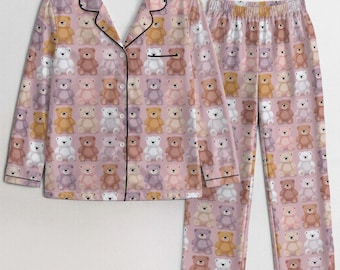 Pink Teddy Bear Women Pajamas Set, Cute Pastel Ladies Silk Sleepwear Long Sleeve Sleep Shirt Shorts Night Wear Plus Size Designer PJs Lounge
