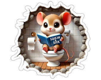 Mouse Reading Book on Toilet Sticker, 3D Mouse Hole Kids Bathroom Bath Funny Baseboard Wall Decal Art Vinyl Waterproof Clear Small Large
