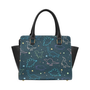 Dinosaur Purse Handbag, Cute Dino Animal Stars space High Grade Vegan Leather Designer Women Gift Satchel Top Zip Handle Bag Shoulder Strap