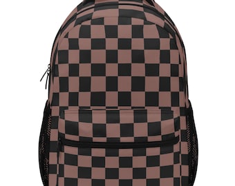 Checkered Backpack, Black Brown Check Racing Men Women Kids Books School College Waterproof Pockets 15 Inch Laptop Travel Casual Bag