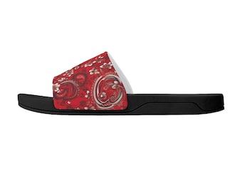 Red Paisley Men Slides Sandals, Bandana Designer Shower Beach