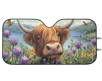 Osłona przeciwsłoneczna Highland Cow Car, Floral Lake Western Front Windshield Coverings Blocker Auto Protector Osłona szyby Osłona ekranu Osłona SUV Truck