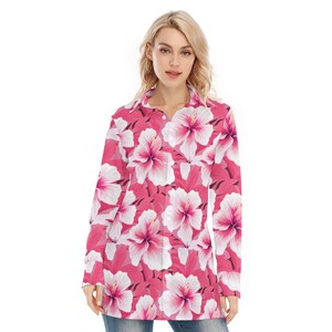 Pink Hibiscus Long Sleeve Shirt Women, White Floral Flowers Button Up Ladies Blouse Print Buttoned Down Collared Casual Dress Going Out Top
