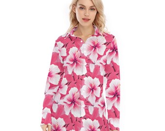 Camisa de manga larga de hibisco rosa para mujer, flores blancas con botones, blusa para mujer, vestido informal con cuello abotonado y estampado para salir