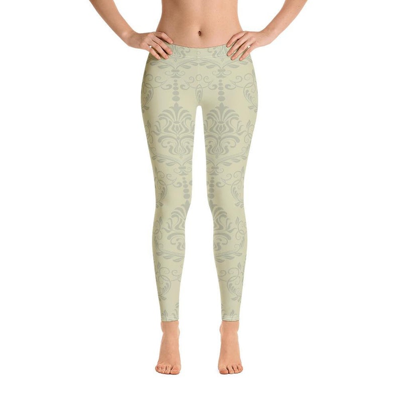 Light Green Beige Pattern Printed Pants Khaki Leggings Unique Printed Yoga Boho Leggings for Women