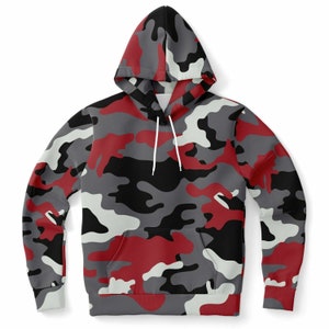 Rood Grijs Zwart Camo Hoodie, Camouflage Pullover Mannen Vrouwen Volwassen Esthetische Grafische Katoenen Sweatshirt met Capuchon en Zakken