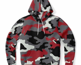 Felpa con cappuccio mimetica rosso grigio nero, pullover mimetico uomo donna felpa con cappuccio in cotone con grafica estetica per adulti con tasche