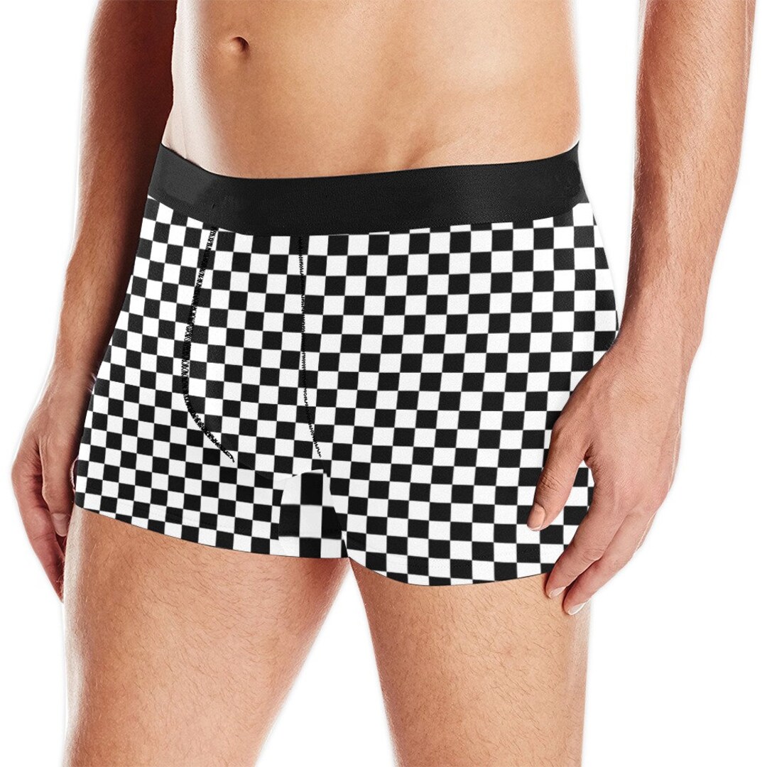 Checkered Print Men Boxer Briefs, Black White Check