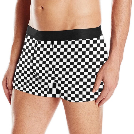 Checkered Print Men Boxer Briefs, Black White Check Underwear