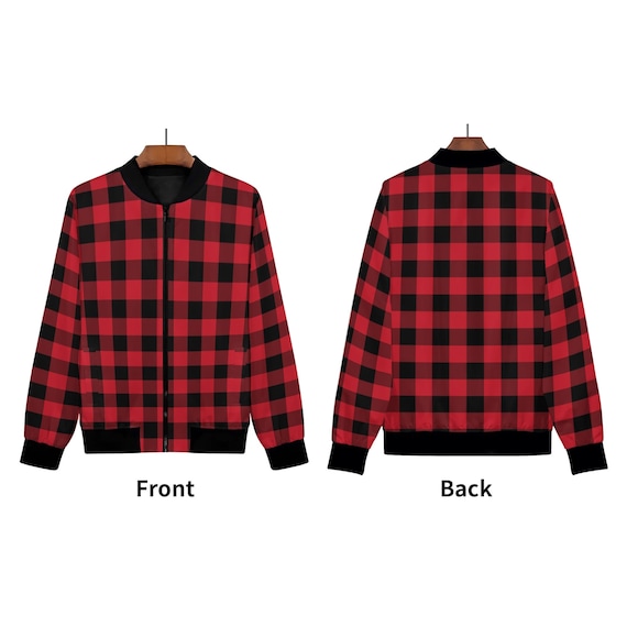 Red Black Buffalo Plaid Women Bomber Jacket, Check Ladies Female