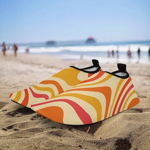 Groovy Water Shoes, Orange Retro 70s Aqua Quick Dry Waterproof Swim Pool Slippers Yoga Beach Summer Slip On River Boat Men Women Kids