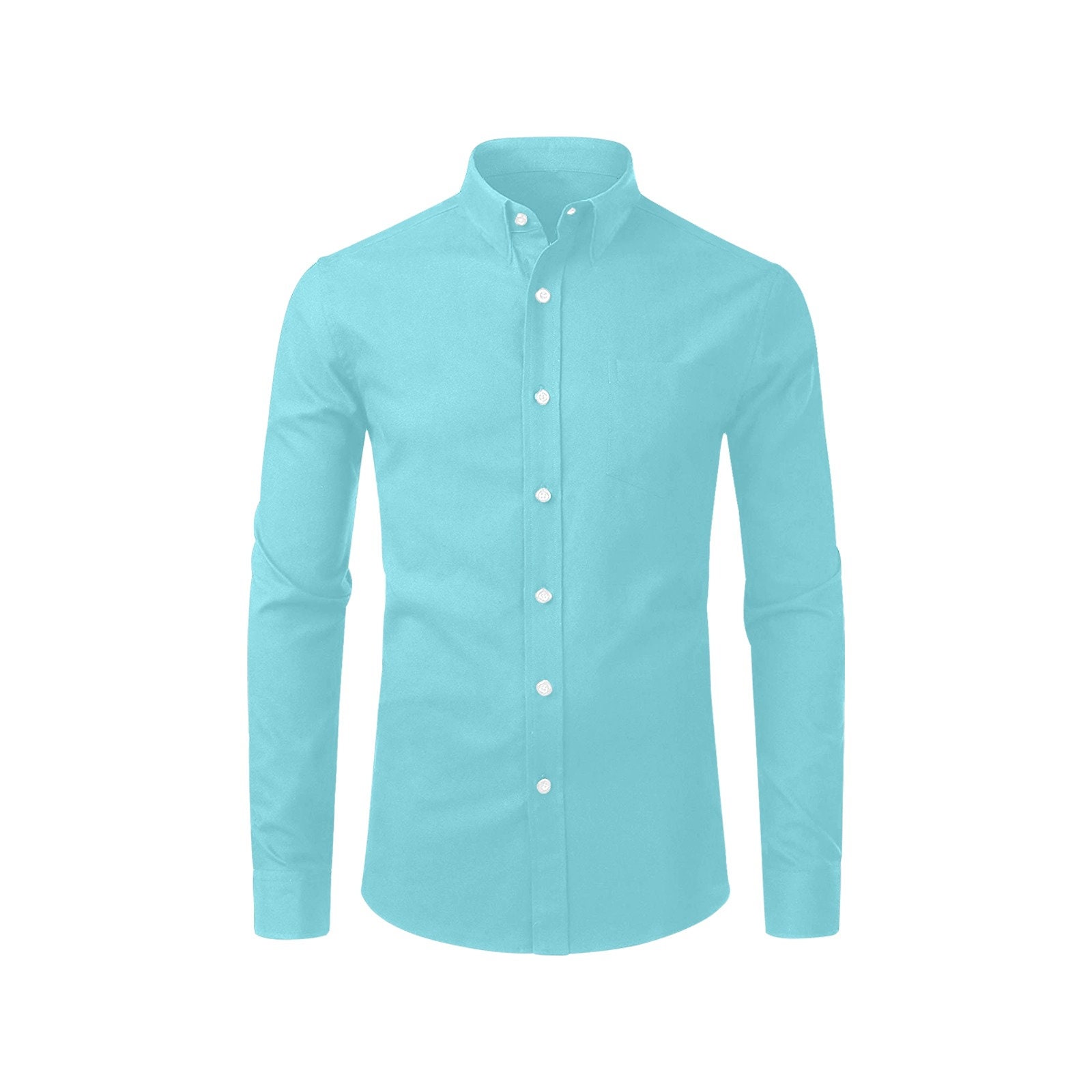 Aqua Blue Long Sleeve Men Button Up Shirt, Solid Print Dress Buttoned Collar Dress Shirt with Chest Pocket Aqua Blue Long Sleeve Men Button Up Shirt, Solid Print Dress Buttoned Collar Dress Shirt with Chest Pocket