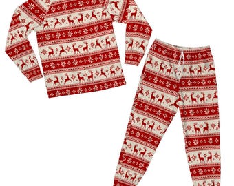 Red Reindeer Pajamas Set, Nordic Christmas Fair Isle Unisex Men Women Ladies 2 Piece Pants Print Long Sleeve Raglan Top PJ Holiday Sleepwear