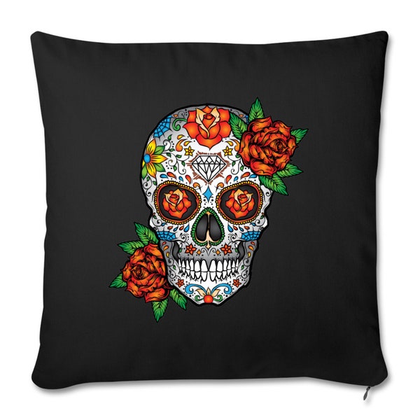 Sugar Skull Decor, Retro Colorful Floral Mexican Day of the Dead Halloween Throw Pillow Cotton Cushion Cover 18” x 18”