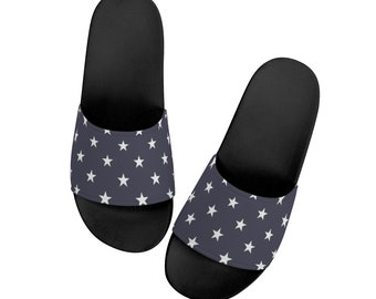 Blue White Stars Men Slides Sandals, Navy Designer Beach Shower Shoes Flat Wedge Slippers Black White Vegan Casual Flip Flops Slip On