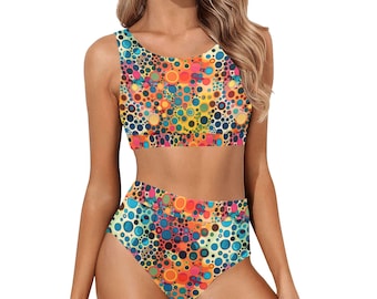 Psychedelic Sports Bikini Set, Dot Art Trippy Colorful High Waisted Cheeky Bottom Crop Halter Top Swimsuits Women Padded Festival Swimwear