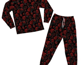 Red Roses Pajamas Set, Floral Flowers Women Men Ladies Female 2 Piece Pants Print Long Sleeve Top PJ Holiday Cozy Sleep Sleepwear