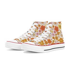 Floral Women High Top Shoes, Pink Retro Flowers Vintage Lace Up Sneakers Footwear Canvas Streetwear Ladies Girls White Trainers Designer