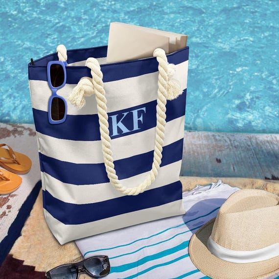 Custom Tote Bag with Rope Handles, Personalized Nautical Striped Holiday  Beach Canvas Pool Travel Summer Shoulder Men Women Designer Carry