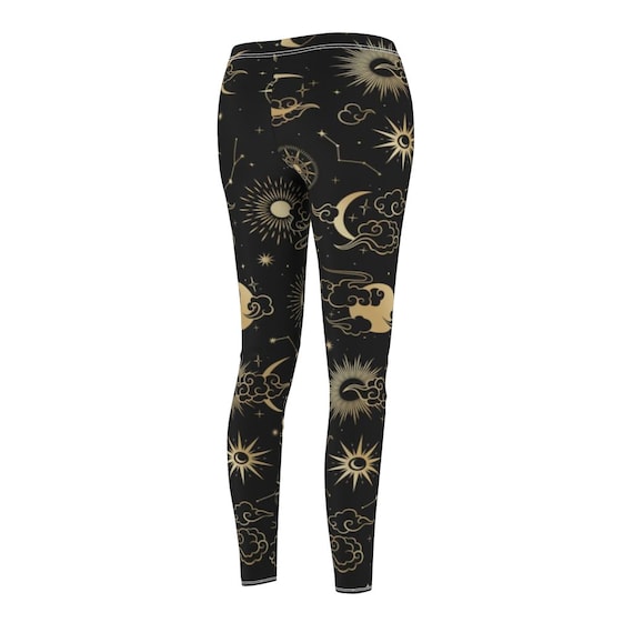 Moon Stars Skinny Leggings for Women, Black Gold Printed Yoga