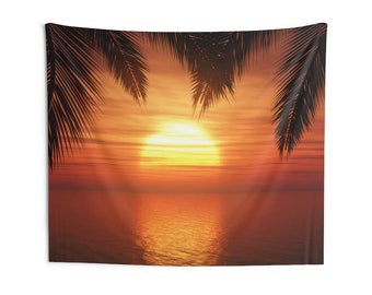 Tapiz de puesta de sol de palmera, paisaje del océano del sol, pared interior, arte estético, colgante, decoración grande y pequeña, dormitorio universitario para el hogar