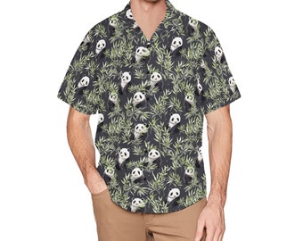 Panda hommes chemise hawaïenne poche poitrine, feuilles de bambou noir vert imprimé rétro été Hawaii Aloha plage grande taille Cool chemise boutonnée