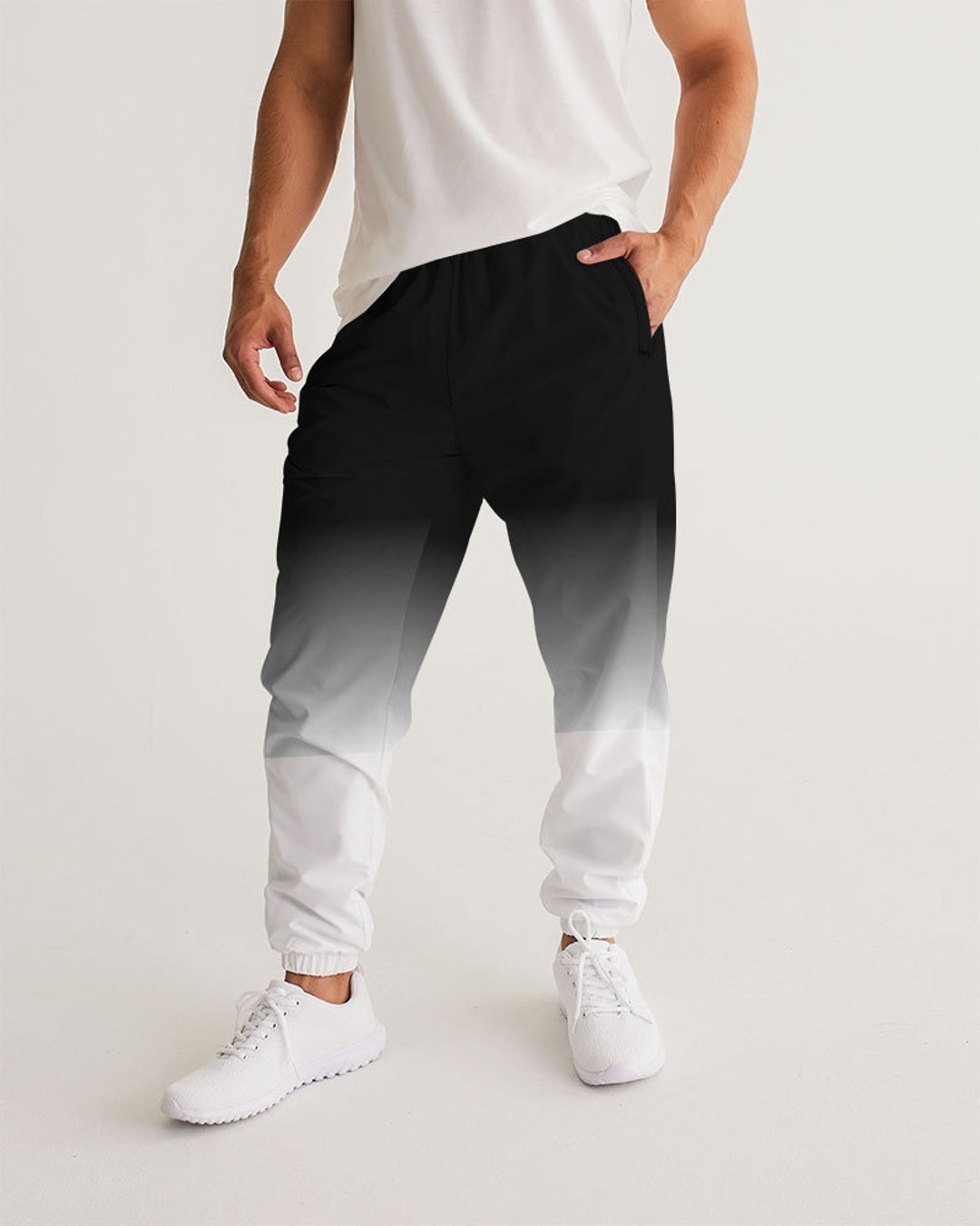 Black White Ombre Men Track Pants, Tie Dye Gradient Zip