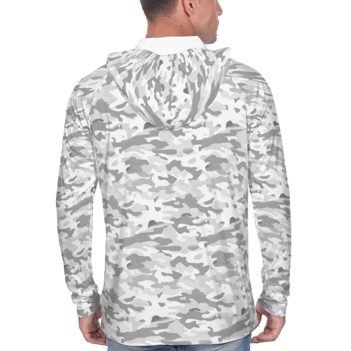White Camo Men Sun Hoodie, Grey Camouflage Summer UPF 50 UV