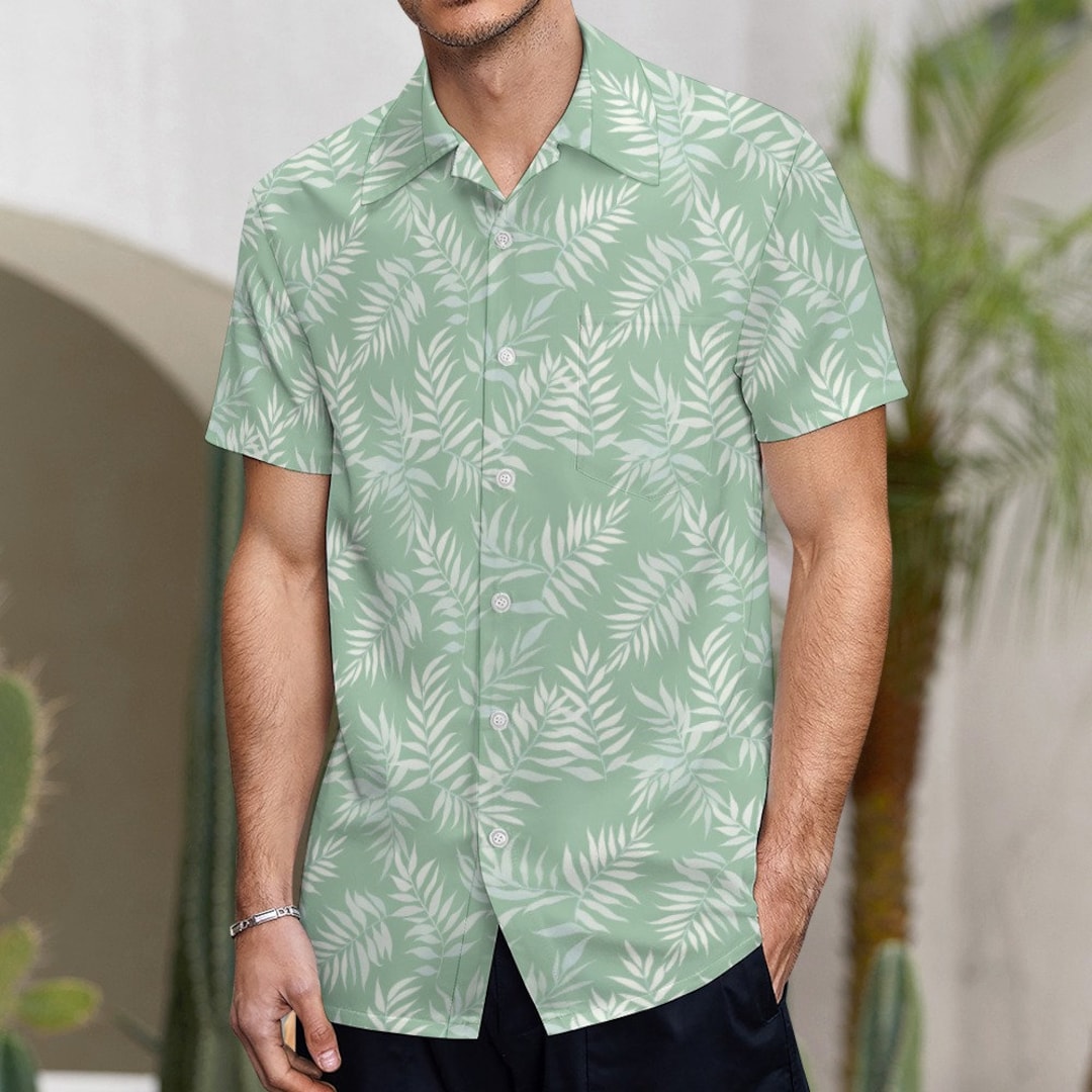 Mint Green Men Button up Shirt, Tropical Leaves Light Short Sleeve