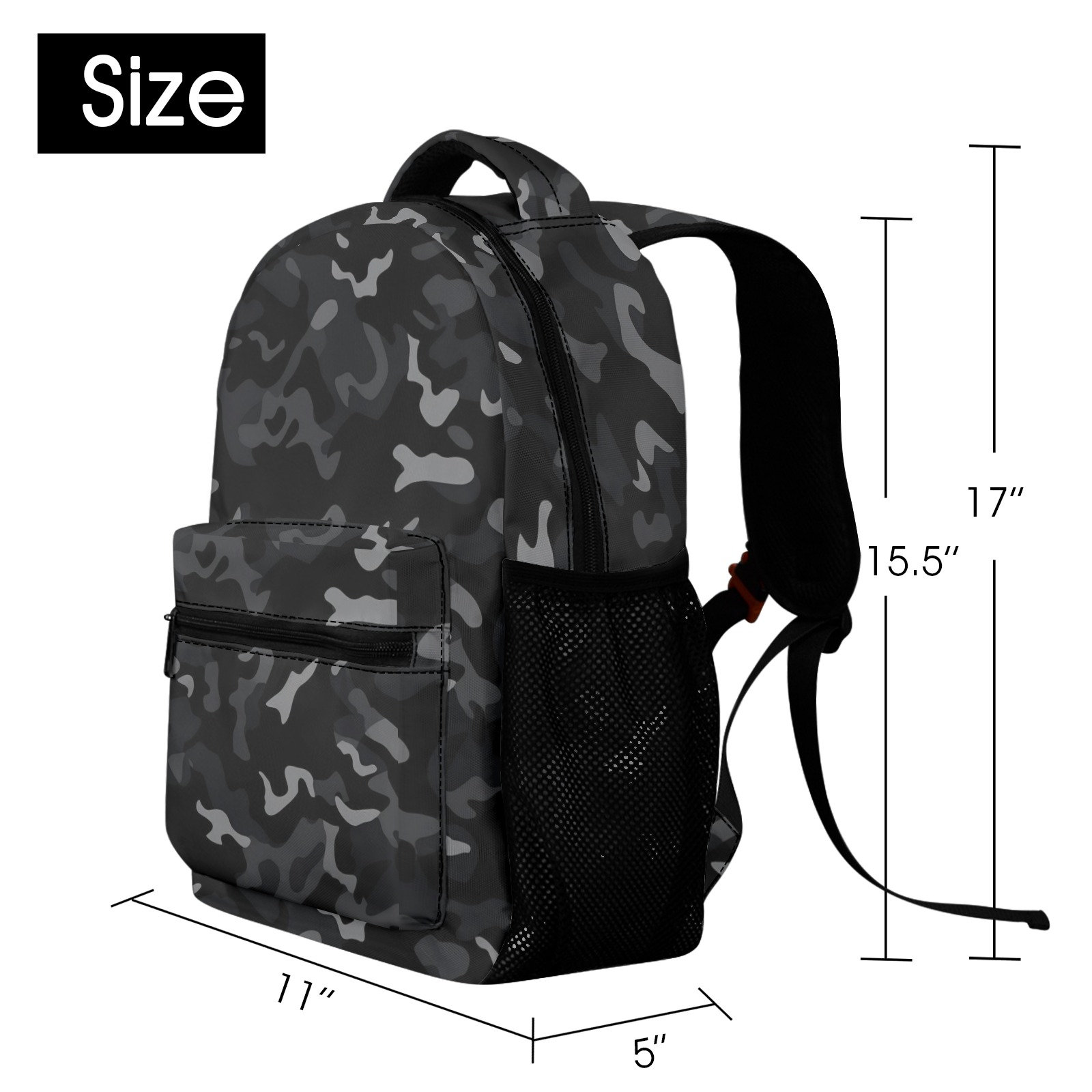 Black Camo Backpack, Camouflage Grey Gray Men Women Kids Gift School College Cool Waterproof Side Pockets Laptop Designer Aesthetic Bag