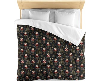 May include: A black and gold duvet cover with a repeating pattern of nutcracker soldiers and Christmas trees.