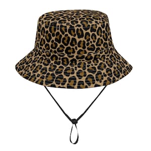 Leopard Bucket Hat with String, Animal Print Cheetah Retro Vintage Festival Cute Cap Women Men Kids Golf Fisher Designer Beach Sun Shade