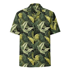 Tropical Short Sleeve Men Button Up Shirt, Green Leaves Unisex Women Moisture Wicking Print Casual Buttoned Down Summer Collared Plus Size