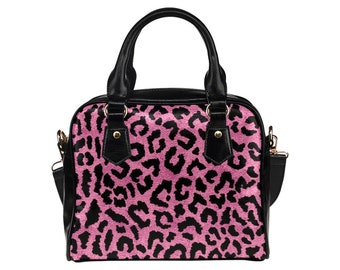 Pink Leopard Purse, Animal Print Cheetah Cute Small Shoulder Bag High Vegan Black Leather Women Crossbody Designer Handbag Bag