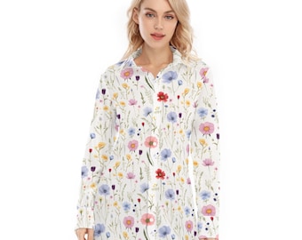 Wildflowers Long Sleeve Shirt Women Shirt, Floral White Button Up Ladies Blouse Print Buttoned Down Collared Casual Dress Going Out Top