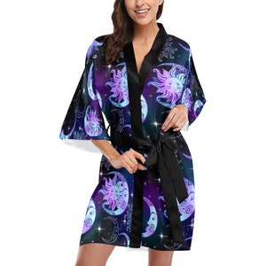Sun Moon Kimono Robe, Stars Print Purple Oriental Constellation Celestial Boho Boho Albornoz Mujer Short Lounge Sleepwear Pijama