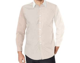 Color Block Long Sleeve Men Button Up Shirt, Brown Beige Cream Pastel Tone Combo Print Buttoned Male Guys Collared Dress Shirt Chest Pocket
