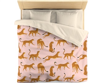 Leopard Tiger Duvet Cover, Pink Cheetah Animal Print Microfiber Full Queen Twin XL King Unique Bed Cover Modern Home Bedding Bedroom