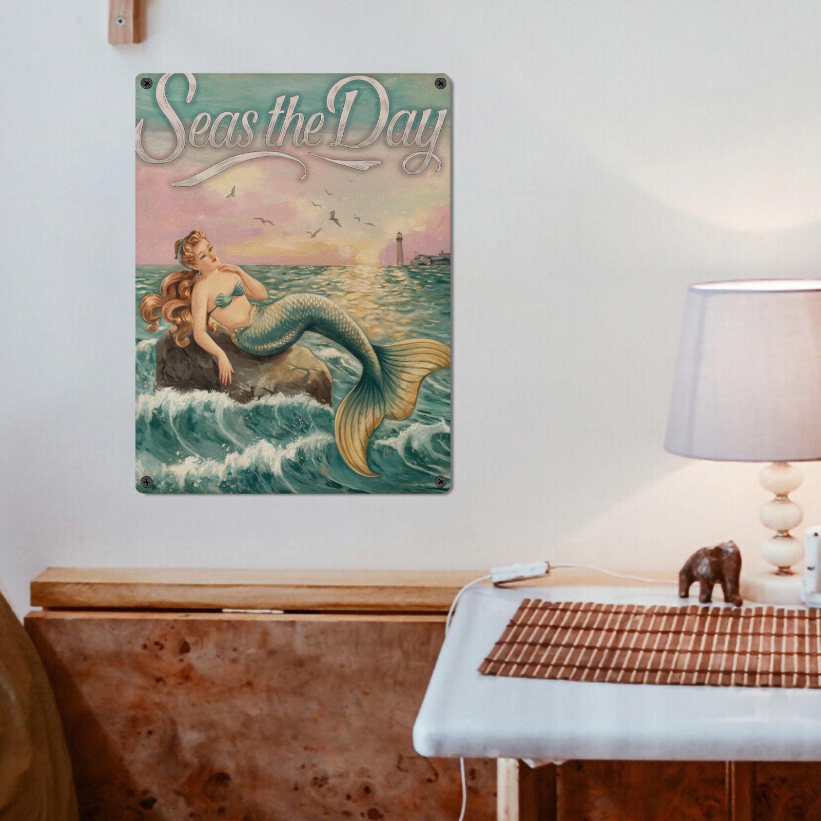 Targa In Metallo Vintage 'Mermaid Bath Salts' - 20x30 Cm Con Fori Per Montaggio - Decorazione Originale Per Cucina E Bagno